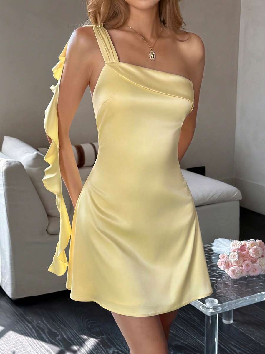 Solid Color Satin Dress With Shoulder Ruffle Tie Waist Design, Feminine Flattering Mini Dress For Dates, Parties, Beach Vacation Elegant Summer - Yellow - View 1