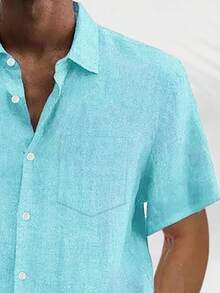 Casual Basic Men's Plus Size Loose Lightweight Short Sleeve Button-Up Shirt - Mint Blue - View 4