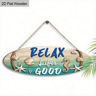 1 pieza Cartel de pared de madera de diseño plano 2D con estilo de verano y playa - "Relájate y disfruta de la vida" con estrellas de mar, caballito de mar y patrones de conchas - Decoración para el hogar, el jardín, la cafetería y la cerca - Decoración colgante de madera plana 2D, decoración de estilo costero | Decoración de encanto oceánico | Placa colgante decorativa
