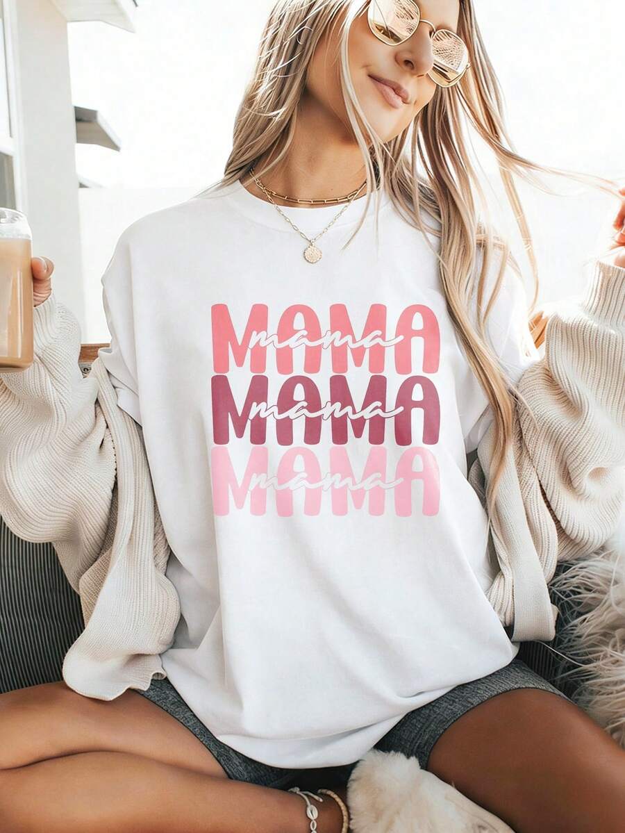 Camiseta estética de mamá con eslogan apilado del Día de la Madre, camiseta oversize de manga corta 100% algodón y escote redondo, ropa estética casual de verano para mujer, ropa de primavera de playa para vacaciones, tops para festivales del campus diario, camiseta holgada con gráficos retro para primavera, verano y otoño, camiseta suave y transpirable versátil para mujer para uso diario, tops de verano, ropa bohemia femenina, camisetas para salir mujeres, conjuntos de festival para mujeres - Blanco - Ver 1