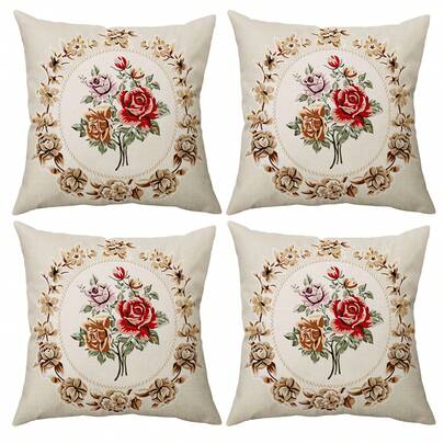 1件/4件装欧式花卉图案印花抱枕套，单面印花，尺寸分别为40*40厘米、45*45厘米、50*50厘米，适用于沙发、客厅装饰，适合日常使用。