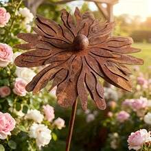 1pc Metal Chrysanthemum Garden Decor Ground Stake, Garden, Yard, Lawn Art Decoration, Rusty Art Decoration, Iron Flower Ground Stake, Chrysanthemum Silhouette, Outdoor Statue, Outdoor Holiday Decoration, Holiday Gift - Rusty Flower Design B - View 1
