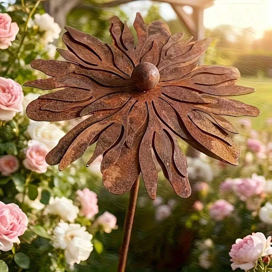1pc Metal Chrysanthemum Garden Decor Ground Stake, Garden, Yard, Lawn Art Decoration, Rusty Art Decoration, Iron Flower Ground Stake, Chrysanthemum Silhouette, Outdoor Statue, Outdoor Holiday Decoration, Holiday Gift - Rusty Flower Design B - View 1