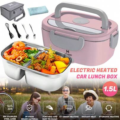 1.5L Electric Heated Lunch Box, 12V/110V Dual Voltage Portable Food Warmer, 304 Stainless Steel Leakproof Bento Box With Bag & Utensils