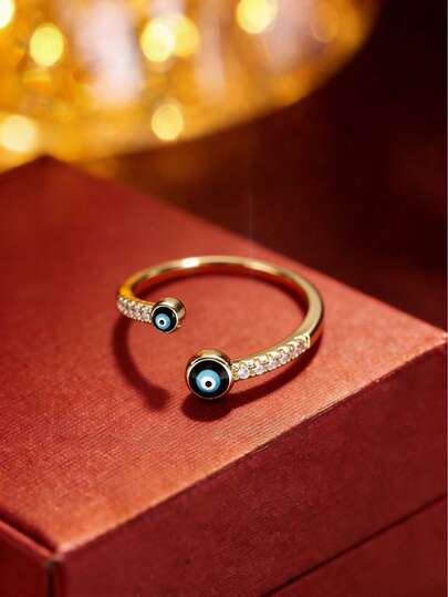 1pc Adjustable Blue Evil Eye Rhinestone Ring, Minimalist Versatile Design For Women