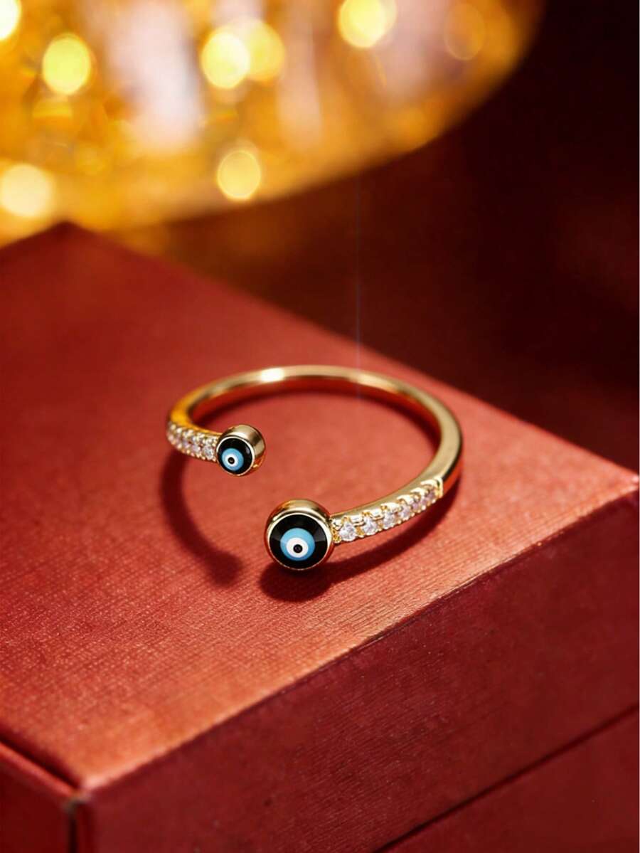 1枚可调节蓝色邪眼水钻戒指，简约百搭设计，女士款 - 開口戒指 - 查看 1