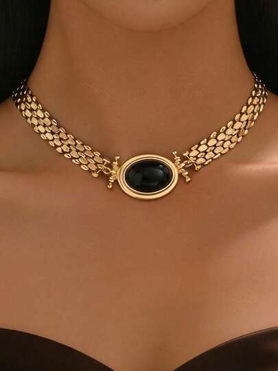 1件复古黑色宝石金链颈链，优雅复古风格，适合女性佩戴，可用于派对、通勤、母亲节礼物等多种场合。