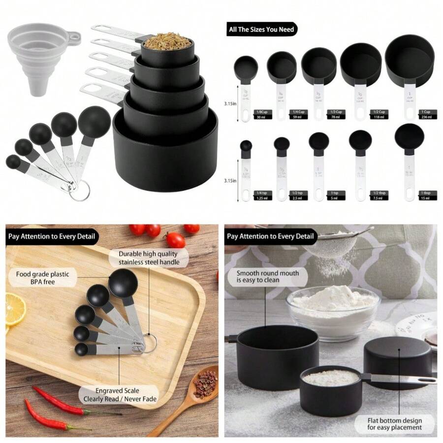 Stackable Stainless Steel Measuring Cups And Spoons Set 10 Piece Kitchen Utensils For Dry And Liquid Ingredients Black - 1 - View 1