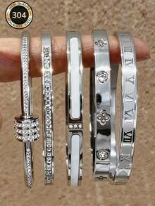 Đồng hồ nam bằng thép không gỉ mới, chống thấm nước, không phai màu, thiết kế đa dạng (chữ số La Mã, cỏ bốn lá, đá quý, v.v.), phụ kiện sang trọng tiện dụng cho người đi làm, có thể xếp chồng lên nhau, không gây dị ứng, thiết kế độc đáo, quà tặng ngày lễ. - Bạc - Xem 10