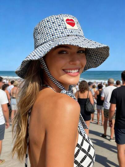 1顶心形格纹渔夫帽，防风、防紫外线、3D设计、可折叠、时尚百搭、优雅、柔软舒适、透气、多功能、显脸型，适合海滩、户外、旅行、徒步、骑行、约会及各种场合。