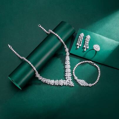 Ensemble de bijoux 5 pièces Tylionnejewelry - Collier, Bracelet, Boucles d'oreilles, Bague ouverte, Zirconium cubique plaqué platine de luxe, Convient pour une fête élégante/cadeau pour la fête des mères, Anniversaire, Fête