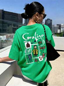 Women's Summer Cartoon And Slogan Graphic Round Neck Short Sleeved T Shirt ,Casual Loose And Versatile Holiday Style Tops,Fashionable Summer Outfits Suitable For Daily Holiday Wear,Halloween Costumes Women,Shalloween Atmosphere,Halloween Caroline And Ghost Graphic-White And Navy Off-The-Shoulder Cropped Top - 綠色 - 查看 1