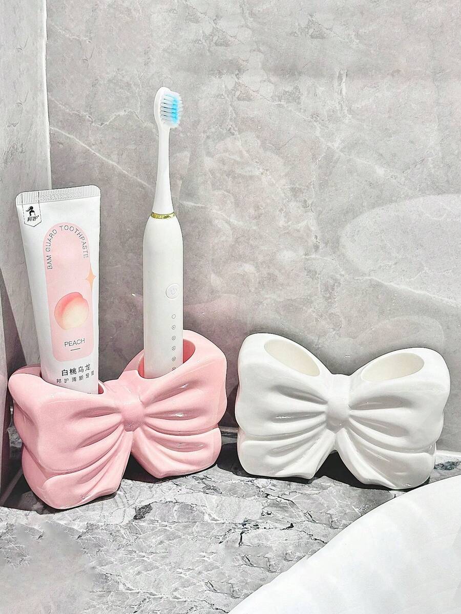 1个少女风蝴蝶结牙刷架，创意浴室梳妆台牙刷牙膏收纳架 - 彩色 - 查看 1