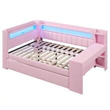 Upholstered Daybed 140x200 Cm With USB Ports And LED Strip, Pull-Out Bed And Desk, Pink - Pink - View 8