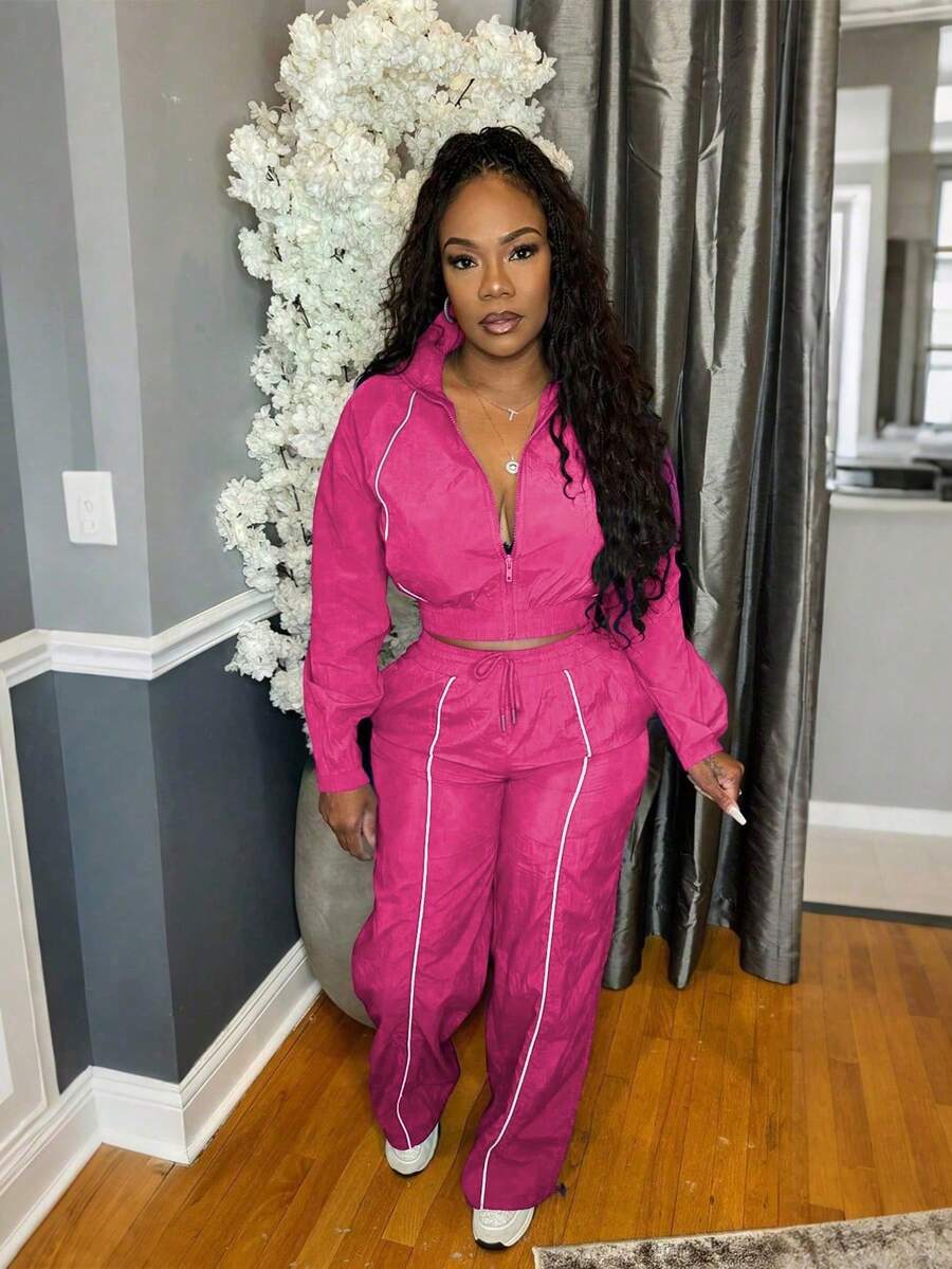 European And American Fashion Women's Woven Contrast Stripe Top And Wide Leg Elastic Waist Sports Pants 2 Pieces Set Spring - Hot Pink - View 1