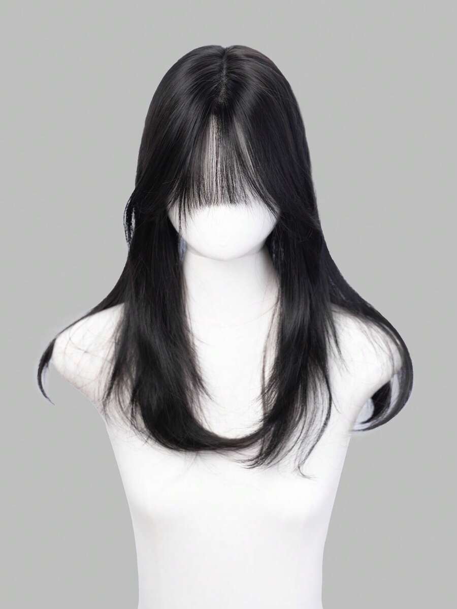 这款20英寸长的合成假发，采用自然直发造型，颜色为迷人的黑色。它带有刘海设计，并采用耐热纤维制成，确保经久耐用。这款假发非常适合日常佩戴，能够打造自然逼真的效果。 - 黑色 - 查看 1