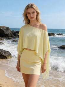 Women Double Layer Shrug Poncho Cape Tops Summer Clothes Solid Color Bolero Shawl One Shoulder Chiffon Beach Coverup Blouse Streerwear - 黃色 - 查看 2