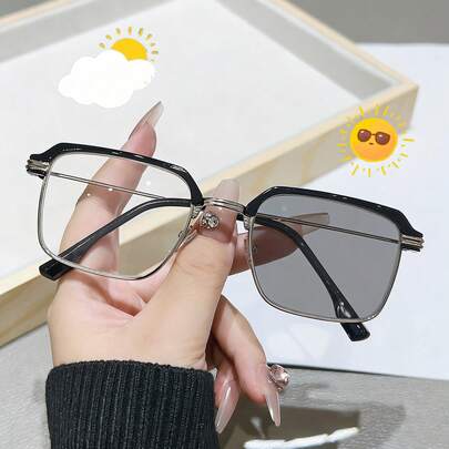 1副经典方形半框复古简约商务防疲劳变色时尚眼镜