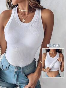 Ribbed Tank Tops For Women Built In Bra High Neck Racerback Shelf Bra Summer Casual Comfortable Yoga Shirts Sleeveless Undershirt - 白色 - 查看 6
