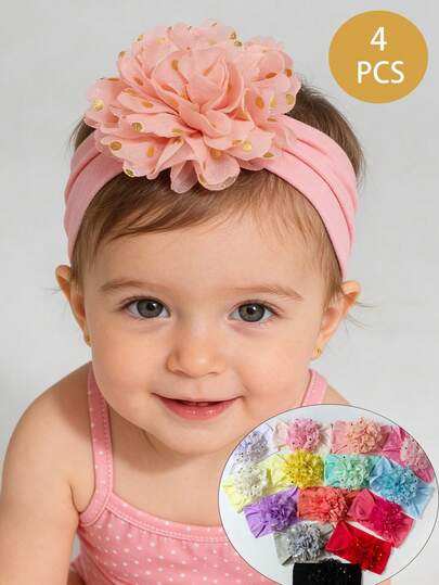 4PCS Baby Girl Flower Headband For 0-4 Years Old Girl,Hot Pressed Gold Flower Nylon Headband, Soft And Comfortable,Toddler Girl Spring Clothes,Baby Summer Clothes,Kid Headbands,Children Accessories Celebration Day Anniversary Party Decorations,Children Gift,Can Be Worn At Home Or Outside,Birthday Decorations, Photography Props
