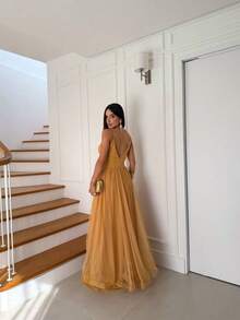 Greek Goddess Gala Dress In Tulle Without Glitter, With Capes And Invisible Zipper - Gold - View 2