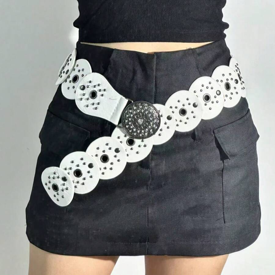 1 chiếc thắt lưng nữ phong cách đường phố Y2K Baddie, khóa tròn, thiết kế đĩa trắng, đinh tán kim loại, chất liệu da PU. - trắng - Xem 1