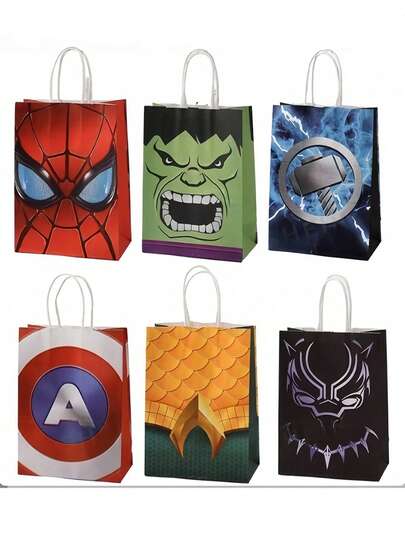 6pcs/10pcs Avengers Theme Party Gift Bags, Black Leopard Print Kraft Paper Bags, Birthday Party Paper Gift Bags Decoration