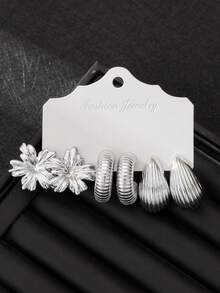 2/6/18pcs Fashionable Women Silver-Tone Earring Set, Includes Rose Flower, Preserved Flower, Orchid, Smooth C-Hoop, Striped C-Hoop, Twisted C-Hoop, Smooth Round Ball, Vertical Stripe Teardrop, Variety Of Textures, Suitable For Pairing With Different Styles - Silver - View 2