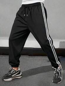 1 件男士宽松休闲抽绳腰运动裤，夏季海滩度假日常通勤户外徒步跑步健身慢跑宽松长裤，街头风格踝长裤，秋季 - 黑色 - 查看 2