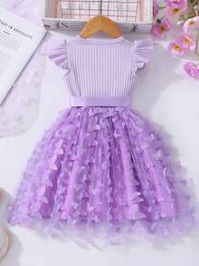 Young Girl Ribbed Cap Sleeve Butterfly Mesh Elegant Summer Dress With Belt - Purple - View 2