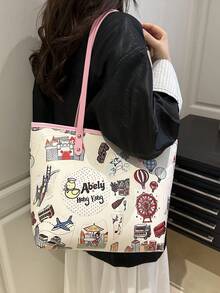 2026新款休闲通勤大容量手提包，时尚涂鸦印花大学生单肩包 - 粉色 - 查看 2