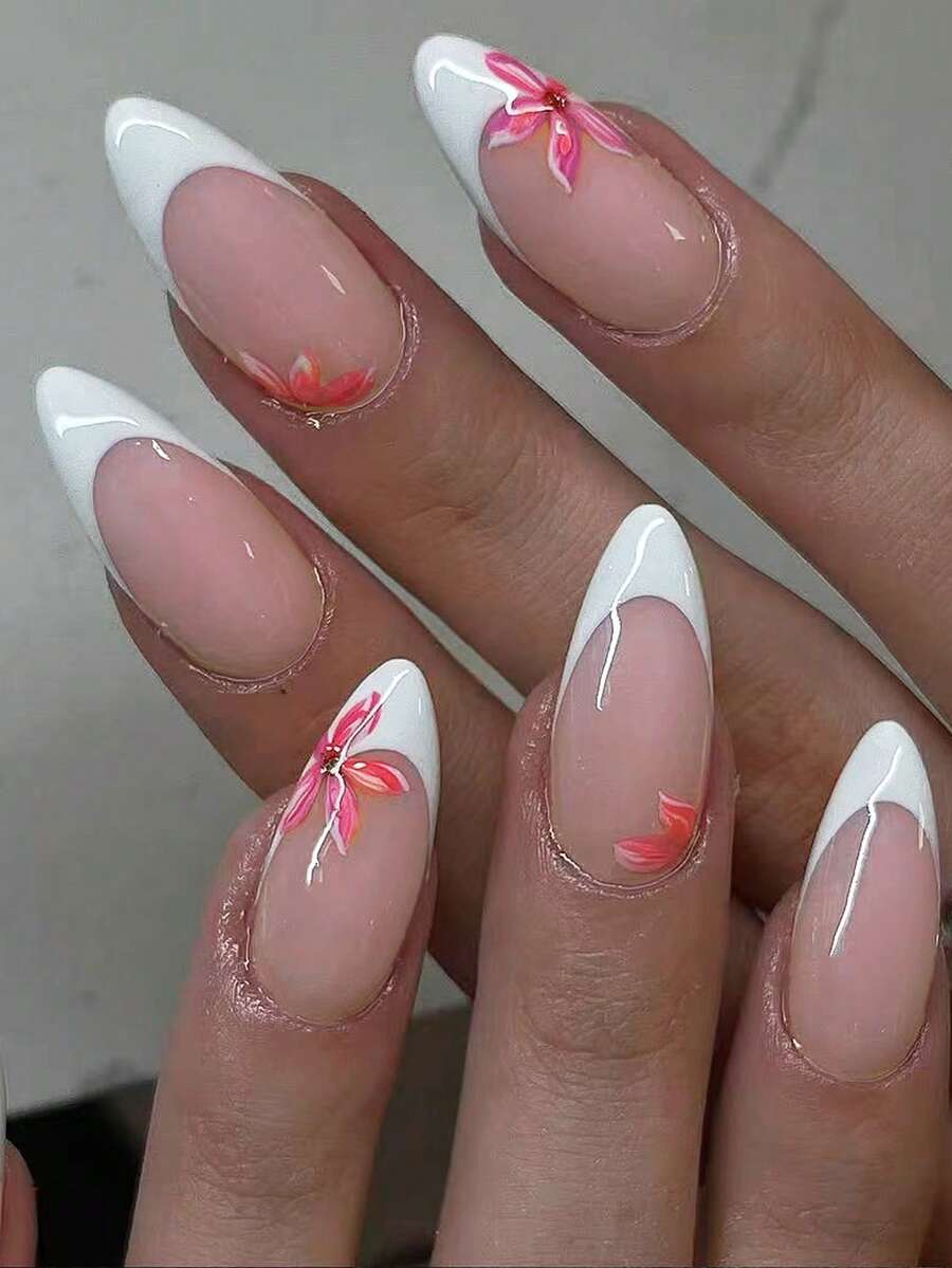 24pcs Floral Pattern French Almond Shaped Nail Tips, Acrylic Material. Includes 1pc Jelly Glue Sticker And 1pc Nail File. - Multicolor - View 1