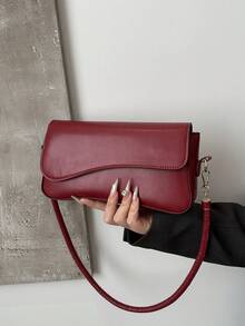 Túi đeo vai thời trang, màu trơn, kiểu dáng bất đối xứng, nắp gập, phong cách cổ điển tối giản, thanh lịch. - Màu Đỏ Sâu - Xem 7