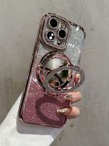 Ốp điện thoại mạ điện sang trọng đính đá lấp lấp lánh, gương trang điểm có chân đế từ tính, tương thích với iPhone 16E 15 14 13 12 Pro Max 14 15 Plus 11, Galaxy A13 A14 A15 S23 S24 S25 EDGE, Mate 50 60 X9a X9b, Magic 5 Lite 6 Lite, phiên bản quốc tế, không phải phiên bản nội địa. - Hồng - Xem 2