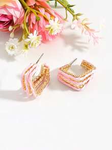Khuyên tai vòng bằng dây xích vàng quấn sợi raffia, khuyên tai hình chữ C bện họa tiết, trang sức mùa hè đi biển dành cho nữ. - Nhiều màu - Xem 4