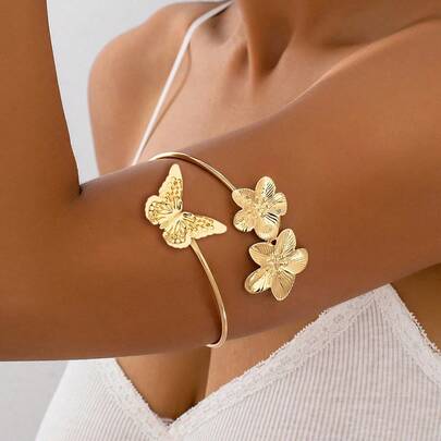 1pc Vintage Metal Hollow Butterfly & Flower Arm Cuff, Delicate & Versatile Accessory Suitable For Women Vacation Wear