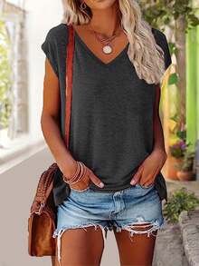 3pcs Solid V-Neck T-Shirts, Casual Short Sleeve Tees For Women, Spring/Summer - Multicolor - View 5