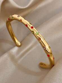 18K Gold Plated Stainless Steel Edgy Cuff Bangle Bracelets Set With Multicolor Zirconia For Women, Wear On Wrist, Not Arm, Textured Boho Stackable Bangles, For Valentines, Party, Gala, Daily, Dating, Mardi Gras, New Years, Wedding, Beach, Christmas Anniversary, Elegant Mom Gift Boho Jewelry Birthday Bridesmaid Gift - Multicolor - View 7