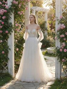 YOUKEFEIER Strapless Sexy Deep V Lace Embroidery With Beaded Long Wedding Dress - White - View 2