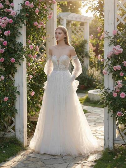 YOUKEFEIER Strapless Sexy Deep V Lace Embroidery With Beaded Long Wedding Dress