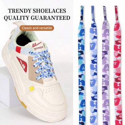 4 đôi dây giày polyester in họa tiết rằn ri, đầu dây bằng nhựa, phù hợp cho cả giày thể thao và giày thường ngày.
