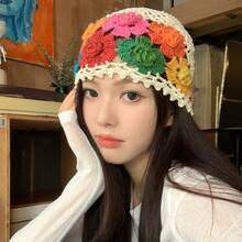 Women's Oversized Handmade Crochet Beanie Hat, Lightweight Breathable Hollow Out Knitted Hat With Tassel, Sweet Slouchy Design Cap For Summer Outdoor Activities - 花朵流蘇-米色(花朵顏色隨機) - 查看 11