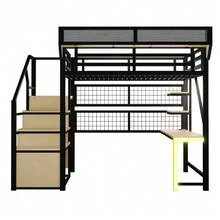 Metal Loft Bed 140 * 200 Cm, With Desk, Shelf And Storage Net, Complete With Safety Ladder, LED Lighting And Socket, Raised Railing, Black - Black - View 12