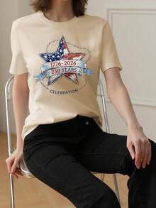 2026 USA 250th Independence Anniversary Women's Standard Star Pattern T-Shirt, 1776-2026 Celebration Edition - Apricot - View 2