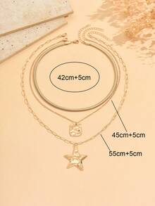 Set de 3 collares de cadena de serpiente minimalista y versátil con colgante de pentagrama de textura dorada de alta gama, adecuado para uso diario, salidas, fotografía, y puede ser un regalo para amigos - Dorado - Ver 4