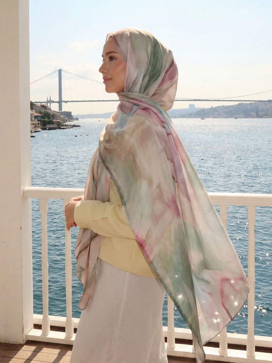 1条女士波西米亚水彩印花头巾，防晒头巾，优雅百搭围巾披肩，适合日常佩戴、海滩度假等场合