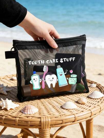 卡通牙齿图案化妆包，网状便携化妆袋，可爱牙刷“牙齿护理”字母印花化妆包，旅行化妆包；必备沙滩泳装收纳包；送给女朋友的理想礼物；可折叠轻便化妆包，适合商务旅行和随身行李