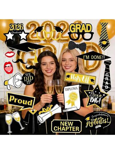 2026 Graduation Party Decoration Set, Black & Gold Star Graduation Cap, Glasses And Wine Glass Pattern Party Photo Props, Graduation Party Gifts, Holiday Party Decorations, Suitable For Graduation Theme Party, Photo Props And Holiday Party Decoration