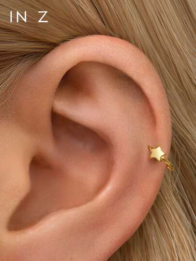 IN Z 1Pc Elegant 925 Sterling Silver Three-DDimensional Five-Pointed Star Hoop Earrings, Featuring A Simple Five-Pointed Star Design, Suitable For Girls And Ladies For Daily Wear And Parties