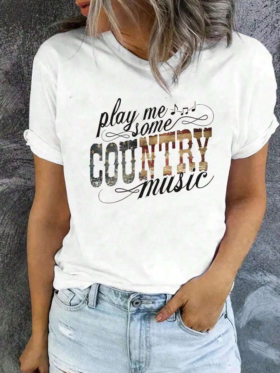 Women's Country Music Festival Printed T-Shirt, Casual Short Sleeve Crew Neck Letter Print T-Shirt, Women's Country Music Graphic Tees - 白色 - 查看 1